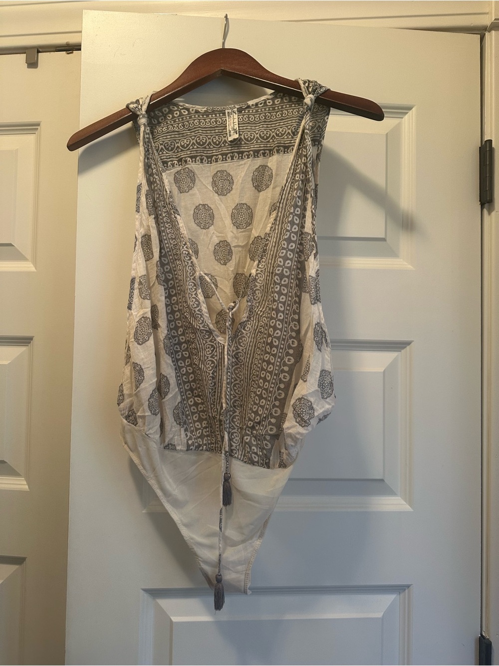 Free People Cream & Gray Printed Boho Tank with Tie Detail